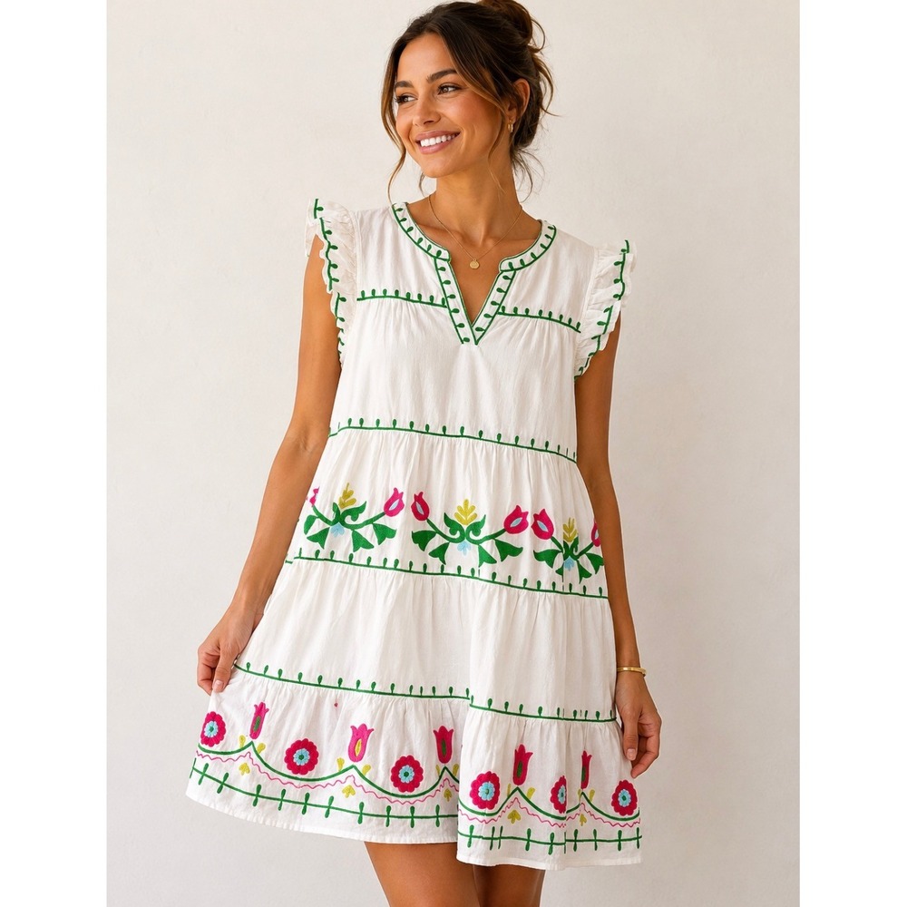 Roller Rabbit White Embroidered Floral Tiered Ruffle Mini Dress L Cotton Flax